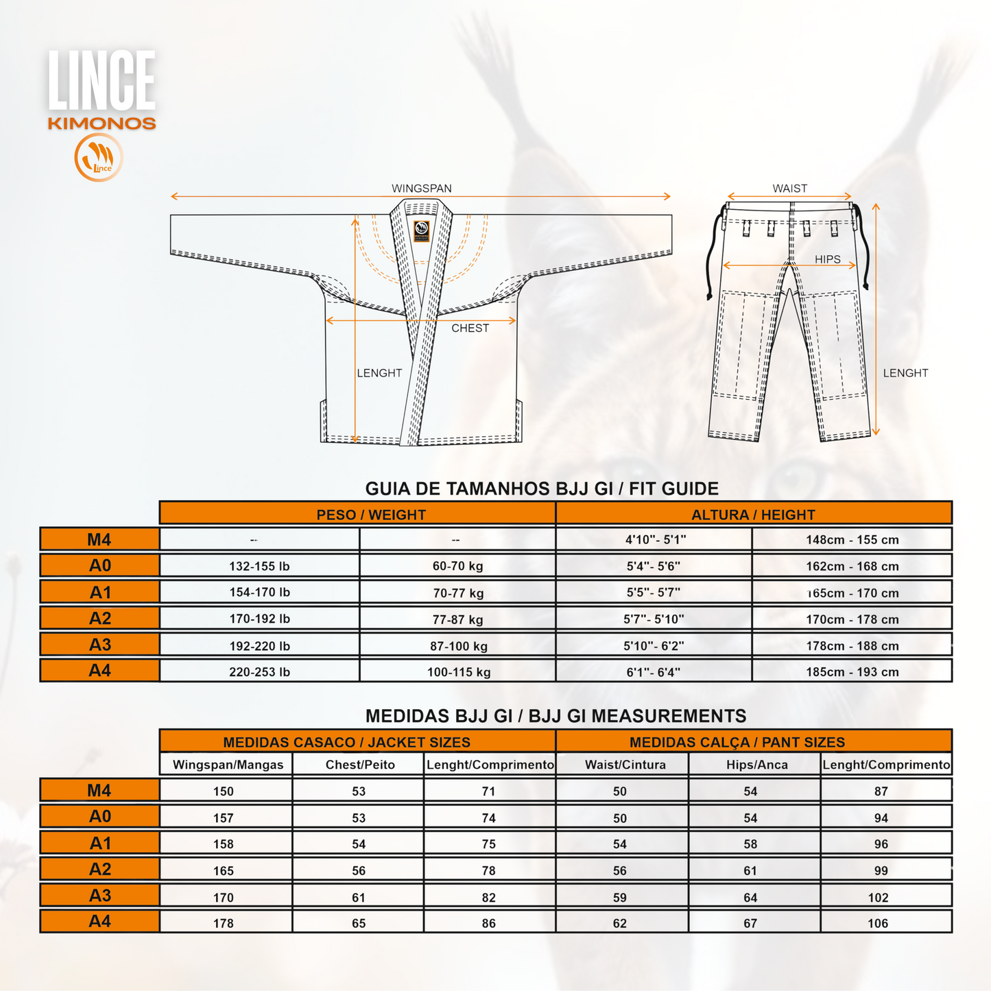 Tabela de medidas kimono BJJ Lince